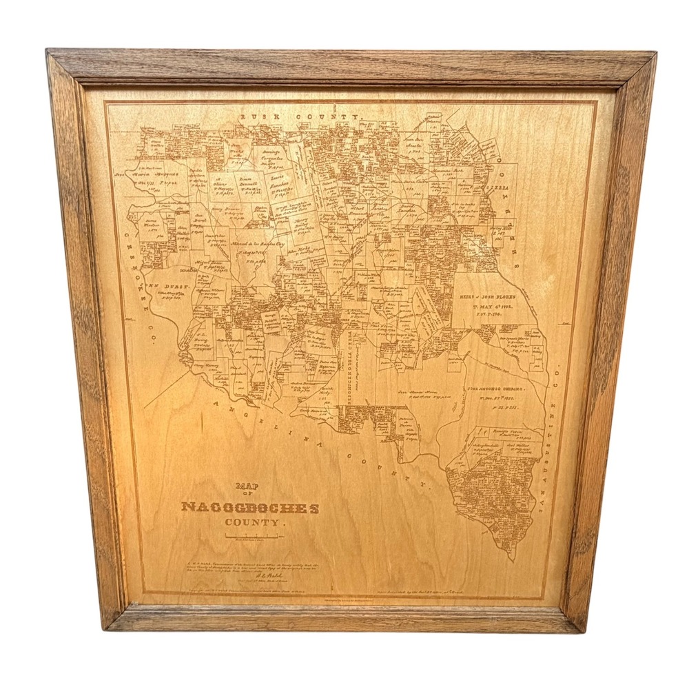 Audacious Texas Nacogdoches County 1881 Historical Map Engraved Birch Wood Frame